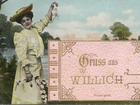 Handcolorierte Postkarte mit einer Frau Anfang des 20.Jahrhunderts