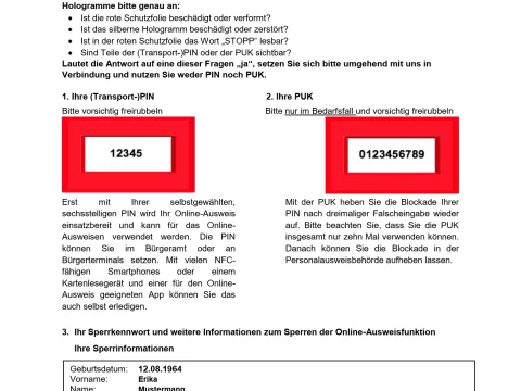 Muster Darstellung des PIN-Briefes.