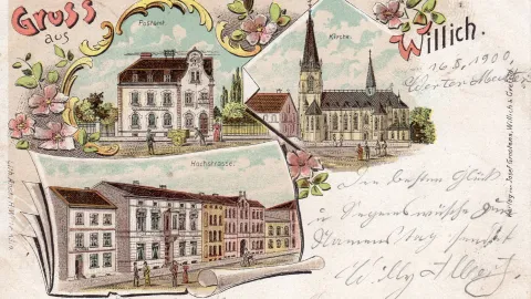 Handcolorierte Postkarte mit drei Ansichten aus Willich