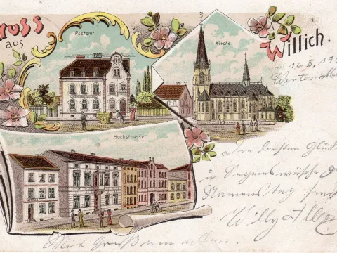 Handcolorierte Postkarte mit drei Ansichten aus Willich