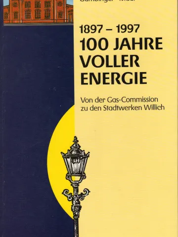 Eine Gaslaterne, im Hintergrund eine Abbildung des alten Gaswerks