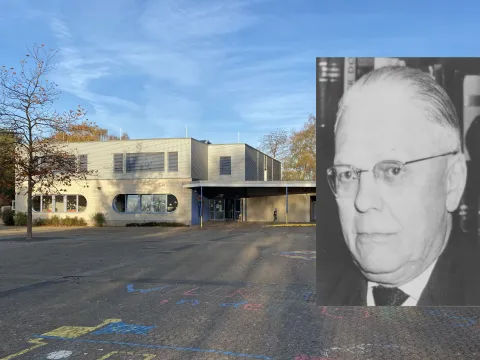 Gottfried Kricker Schule Anrath mit Namensgeber Portrait 