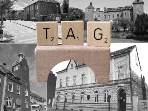 Brückentag Symbolbild mit sw-Verwaltungsgebäuden im Hintergrund 